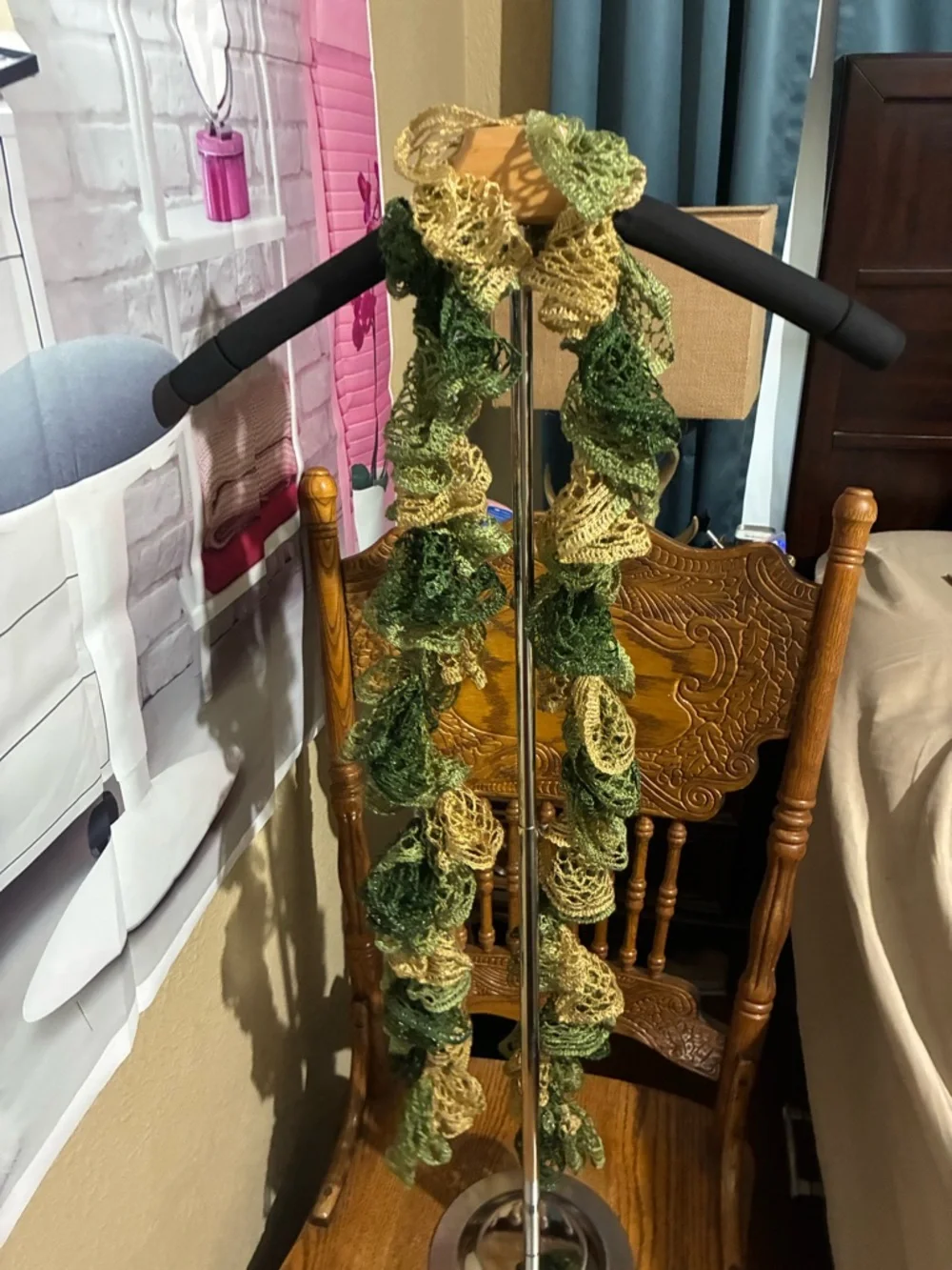 Handmade Green and Cream Ruffle Scarf